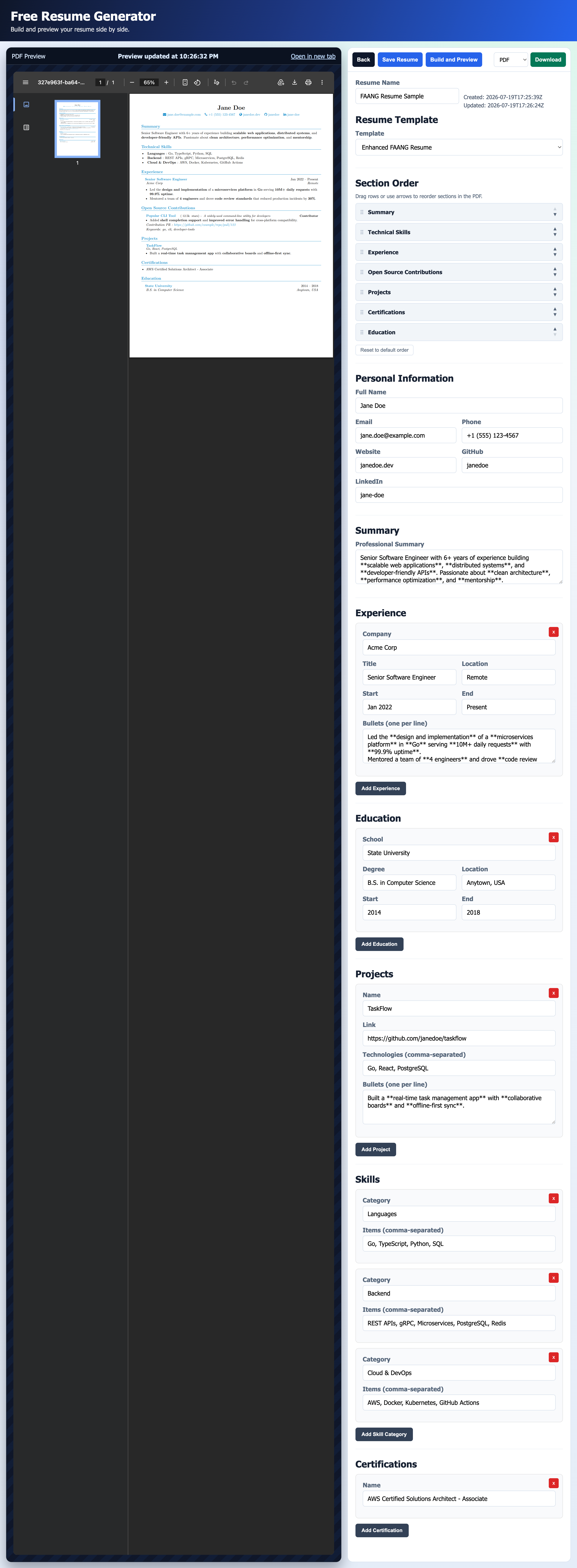 Free Resume Generator Builder Page