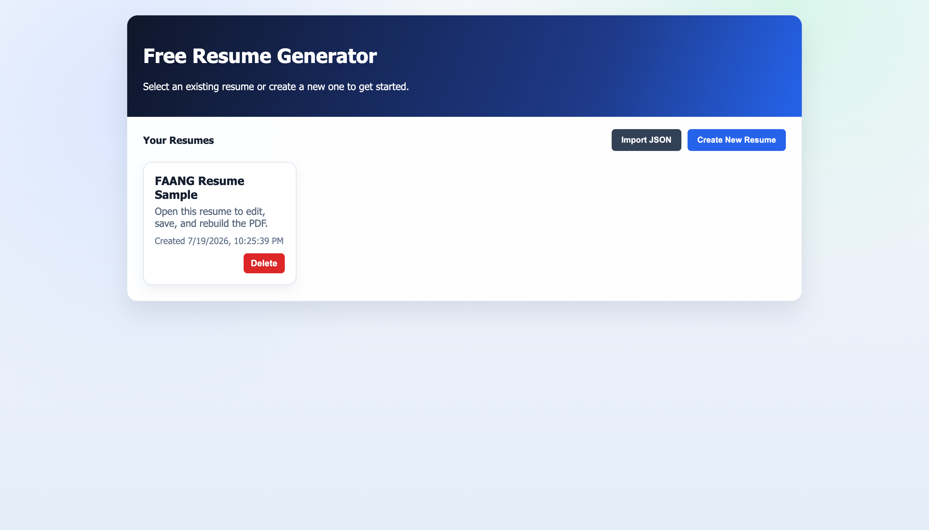 Free Resume Generator Welcome Page